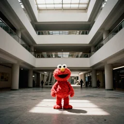 Elmo standing in the middle of a dead mall, minimal lighting, grainy photograph