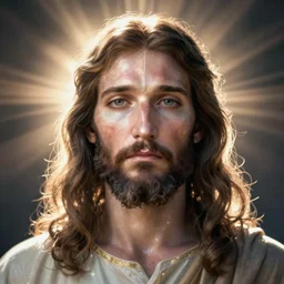 Jesus of Nazareth, asymmetrical face, ethereal volumetric light, sharp focus