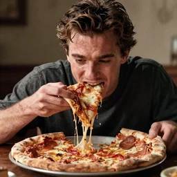 tobey maguire eating all of the pizza, gross, disgusting, messy, annoyed, greasy, wet