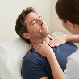 steve carell having comfort neck massage to relax his neck and he is listening someone belly