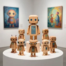 8 k photorealistic a wooden art toys on a pedestal cute robot wooden, cyberpunk concept art contemporary art gallery art by young skottie