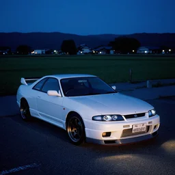Beautiful 90s Photograph of Nissan Skyline R33 on a road in Japanese countryside, nightime