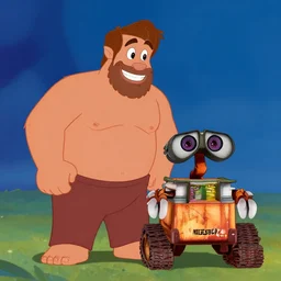 2d character made of Dysney's Ralph and Pixar's Wall-e, drawn in the style of 90s Disney animation, cell shading, digital painting, Dave Rapoza