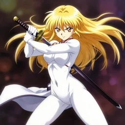 anime brave elf girl with white skin, strong pose, stunning face, katana in hand, golden hair blowing the wind, strong pose, trending art, dynamic photography, centered, fate zero, extremely high detailed, bokeh color background, studio ghibly makoto shinkai yuji yamaguchi, wlop