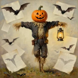 a scarecrow with a jack - o - lantern head, holding a lantern, as a matte oil painting and d & d character art, by gustave caillebotte, standing, fullbody, flying bats, loose pages, concept art, award - winning, extremely detailed, sharp focus