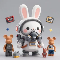 a cute funny rabbit monster wearing a cool headset + gas mask + astronaut helmet, garage kit, mandkaws, bearbrick, bt 2 1,