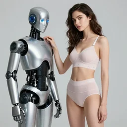 victoria's secret model is standing and a silver robot is touching model and robot's head is partially morphed into copy of the model's head, realistic, 4 k