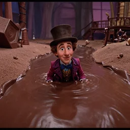 grainy security cam footage still of Augustus Gloop in the chocolate river, movie still from Willy Wonka and his Chocolate Factory, extreme wide angle