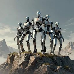 communist robot soldiers stand on the edge of a mountain, digital art, high quality, matte painting