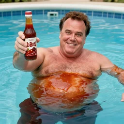 john candy floating in pool of bbq sauce, holding up drink of bbq sauce, beckoning camera, drink rested on belly, bbq sauce heaven