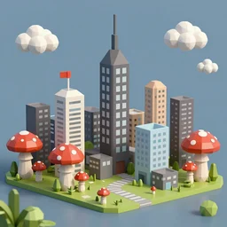 low poly city made of mushrooms