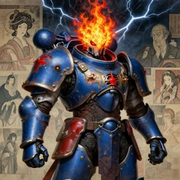 composition portrait mainem of gothic and futuristic, warhammer, cyber japan style armor, more and more scars, thunderstorm, fire head, blue, red and yellow, highly detailed, artstation, in the style of moebius, jugendstil and classic japanese print, art by rene magritte and jean delville, composition by richard corben