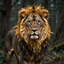 portrait of a black lion with gold lightnings in the fur in the middle of the forest , concept art, huge scale, photorealistic, high details by Nick Nichols