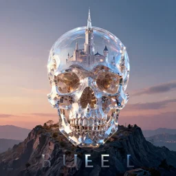 futuristic crystal skull shaped castle on top of a high mountain by frank gehry and jørn utzon, glowing reflections, at dusk, octane render redshift unreal engine, composition by mike mignola, rule of thirds, movie poster, front view, central perspective, cgsociety weta workshop ilm framestore,