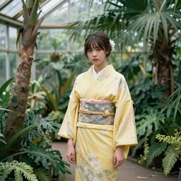 photograph of a young woman wearing a yellow kimono in a tropical greenhouse, by Carl Larsson, by james gurney, by john william waterhouse, by John Singer Sargent, Extremely detailed, 8K, 85 mm lens