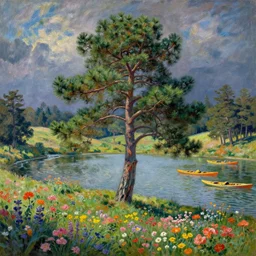 beautiful pine tree landscape, colorful flowers, a lake with detailed kayaks and a stream, trees in the grassy hills, dramatic lighting, cinematic, establishing shot, extremly high detail, by monet, concept art, artstation, matte painting