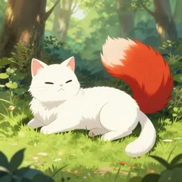 white cat with fluffy red tail lying at sunny forest, fox tail, high detailed, anime illustration, fantasy, uhd, ray tracing