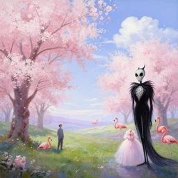 loose painting of a beautiful peaceful whimsical landscape, cherry blossoms, sky, clouds, flamingos, high key lighting, influenced by tim burton, by john duval and sargent