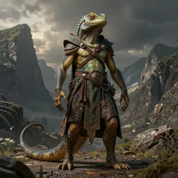 human costume design made by lizardman, sophisticated composition, old masters light composition, procedurally generated, drama character posing for concept art, dramatic mountains behind, substance designer, PBR, HD, Ultra detailed, hyperrealistic, megascans, volumetric light, concept by master artist, made in paint tool SAI2, trending 500px face