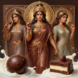 stunning indian goddesses of chocolate portrait, chocolate chip, cake, milk, fantasy, intricate, elegant, highly detailed, digital painting, artstation, concept art, smooth, sharp focus, illustration, art by krenz cushart and artem demura and alphonse mucha and tony sandoval
