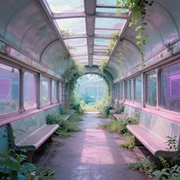 futuristic, pastel colors, hd 8 k, abandoned, overgrown, lo - fi, vaporwave, subway station, trippy, fantasty