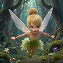 demonic!!!! tinker bell flying in an enchanted forest, flawless symmetrical pretty cute face, greg rutkowski, 8 k, shallow depth of field, intricate detail, concept art,