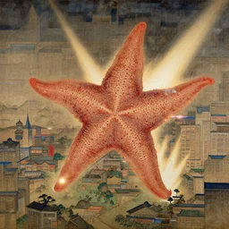 a goryeo era buddhist painting of a kaiju starfish creature, monster over cityscape, light burning through the painting, glitchy sliced zonal drawing, mirror flare