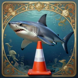 great white shark, lower half traffic cone, full body, underwater background detailed atmospheric - ron cheng & alphonse mucha, highly detailed, digital painting, ray tracing, concept art, illustration, smooth sharp focus, intricate, symmetry, artstation,