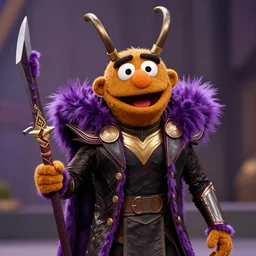 a medium long shot photograph by neil laifer of gonzo the muppet dressed as loki from marvel's the avengers. gonzo has a look of awe on his face, detailed armour and daggers made of purple fur.