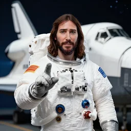 jesus as an astronaut about to board the space shuttle, press photo