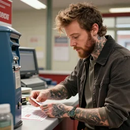 a closeup photorealistic illustration of post malone dressed for work at the post office counter selling postage stamps. bright scene. fine detail. this 4 k hd image is trending on artstation, featured on behance, well - rendered, extra crisp, features intricate detail, epic composition and the style of unreal engine.