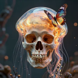 human skull jellyfish butterfly phoenix head. burning water. intricate artwork by Tooth Wu and wlop and beeple and dan mumford and greg rutkowski. octane render, cinematic, hyper realism, octane render, 8k, depth of field, bokeh. iridescent accents