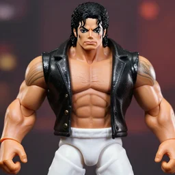 michael jackson oversized muscular hulked powerlifter by neca!!! pretty! beautiful! shirtless muscular white pants black sequined jacket very detailed realistic action figure by neca. face close up headshot. in the style of tekken 5, character from mortal kombat, film still, bokehs