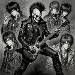 a portrait of the grim reaper as a punk rocker playing an electric guitar, punk, skeleton face, mohawk, dark, fantasy, leather jackets, spiked collars, spiked wristbands, piercings, boots, ultrafine detailed painting by frank frazetta and vito acconci and michael whelan and takeshi obata, death note style, photoshop details