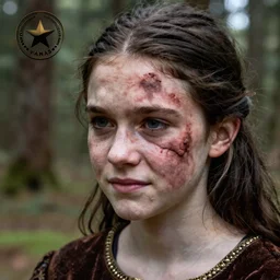 eighteen year old medieval girl with a large ugly birthmark covering half her face, pale, unhappy expression, photography, award - winning, close up, shallow depth of field, highly detailed, dark hair, realistic, forest background