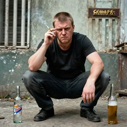 photo of a hardcore russian gopnik squatting, vodka, cigarettes, kvass, beer, brutalist soviet background, hdr, realistic, 8 k