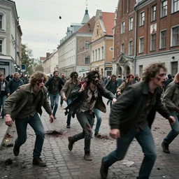zombie apocalypse on the streets of riga in 9 0 s, panic, horror, people running