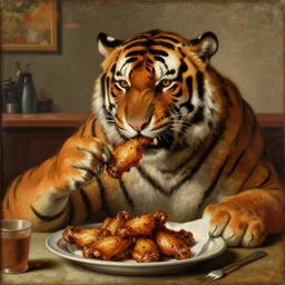 tony the tiger eating hot wings in a cafeteria, baroque painting, closeup