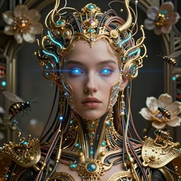 very beautiful woman integrating with technology, full face frontal centered, portrait, insipiring, detailed intricate ornate neon pulsating cables connected to head, laser eyes, luxurious detailed abundent wiring and implants, gold, renaissance, sci - fi, detailed technology background with cyber flowers and insects, dramatic lighting, photography, highly detailed, artstation, 8 k,