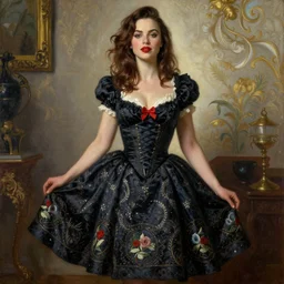 emily ratajkowski dressed in pin up style, ultra detailed, beautiful, proportional, by greg hildebrandt fancy rococo baroque oil painting high quality clothed in fancy garb in pin up style