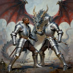 Kanye west as a knight in armor fighting a large dragon, painting trending on artstartion