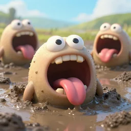 of a bright and muddy landscape with chunky cute friendly creatures with huge mouths, eyes, long tongue and square teeth appearing from the wet mud, in the style of antonio berni, macro lens, shallow depth of field, highly detailed, digital painting, trending artstation, concept art, illustration, cinematic lighting, vibrant colors, photorealism, epic, octane render