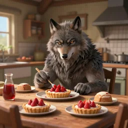 cute handsome cuddly burly surly relaxed calm timid werewolf from van helsing sitting down at the breakfast table in the kitchen of a normal country home cooking having fun baking strawberry tart cakes unreal engine hyperreallistic render 8k character concept art masterpiece screenshot from the video game the Elder Scrolls V: Skyrim