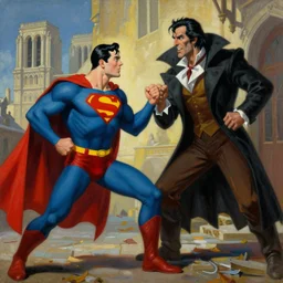 Painting of Boris Karloff as Superman fighting Hunchback of Notre Dame by Mark Brooks