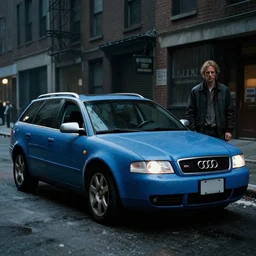 Denim Blue Audi A4 B6 Avant (2002), a gritty neo-noir, dramatic lighting, cinematic, establishing shot, extremely high detail, photorealistic, cinematic lighting, artstation, by simon stalenhag, Max Payne (PC) (2001) winter new york