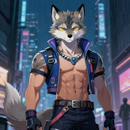 character portrait of a male muscular anthro wolf fursona with a tail and a cute beautiful attractive detailed furry face wearing stylish cyberpunk clothes in a cyberpunk city at night while it rains. hidari, color page, tankoban, 4K, tone mapping, Akihiko Yoshida. Nomax, Kenket, Rukis.