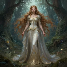 full body of a fantasy elf female sorceress queen with long hair flowing in an ancient forest filled with magic, highly detailed, digital painting, artstation, smooth, sharp focus, illustration, art by artgerm and greg rutkowski and alphonse mucha, intricate dress, fine