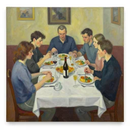 family eating dinner at a restaurant. palette knife oil painting on canvas by leonid afremov.