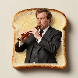 piece of toast dressed as a wealthy banker playing the ocarina, whimsical surrealism