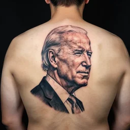 a man with a joe biden tattoo on his back, a tattoo by richard mortensen, reddit contest winner, primitivism, tattoo, detailed, intricate